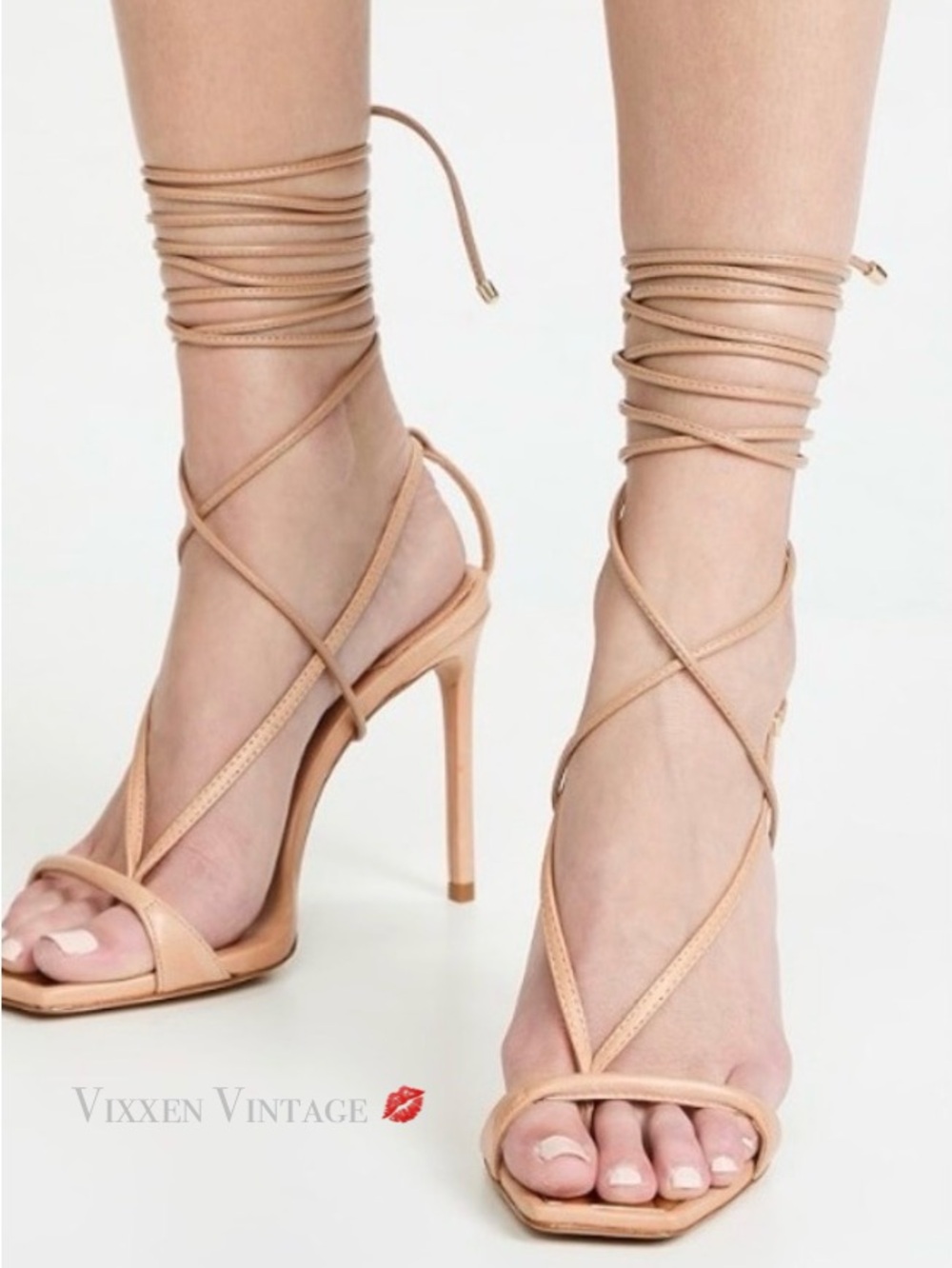 SCHUTZ LACE-UP ‘VIKKI LEATHER SANDAL’ STILETTOS IN HONEY BEIGE